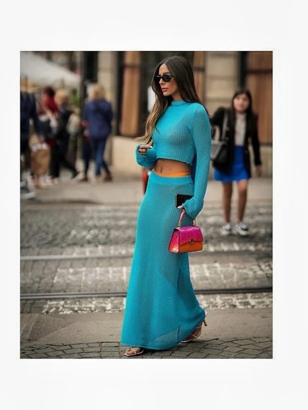 Zara Crochet Knit Blue Maxi Skirt & High Neck Crop Top